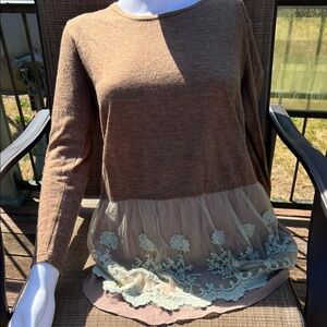 Pretty Angel Brown and Cream Long Sleeve Top with Lace Hem. Size S.